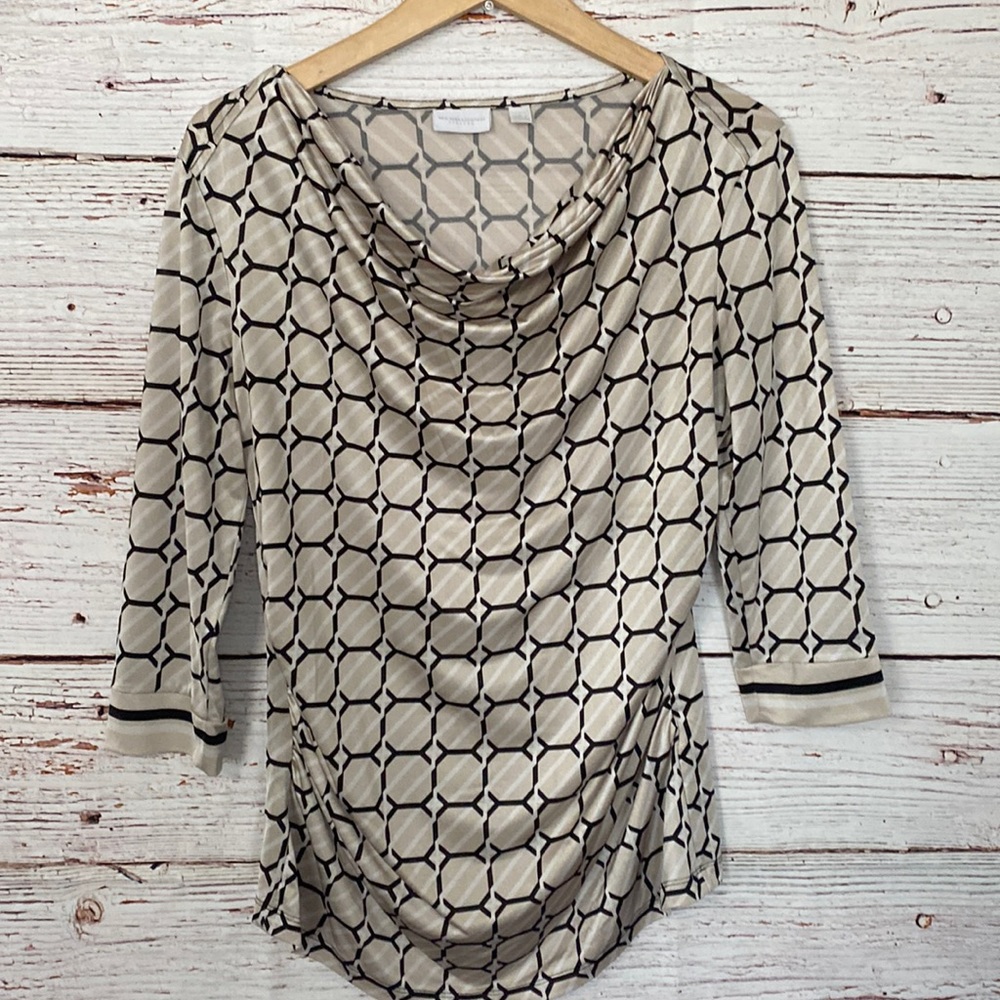 Womens New York and Company Tan Black Ruched Top Large